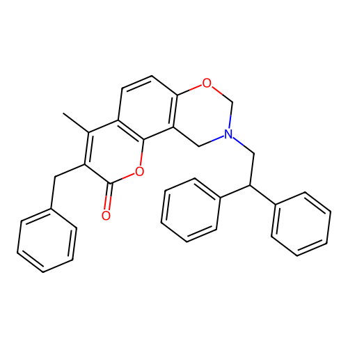 3-benzyl-9-(2,2-diphenylethyl)-4-methyl-9,10-dihydrochromeno[8,7-e][1,3]oxazin-2(8H)-one structure