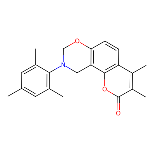 9-mesityl-3,4-dimethyl-9,10-dihydrochromeno[8,7-e][1,3]oxazin-2(8H)-one structure