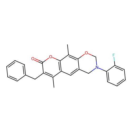 7-benzyl-3-(2-fluorophenyl)-6,10-dimethyl-3,4-dihydrochromeno[6,7-e][1,3]oxazin-8(2H)-one structure