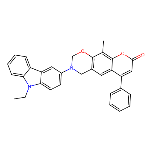 3-(9-ethyl-9H-carbazol-3-yl)-10-methyl-6-phenyl-3,4-dihydrochromeno[6,7-e][1,3]oxazin-8(2H)-one structure