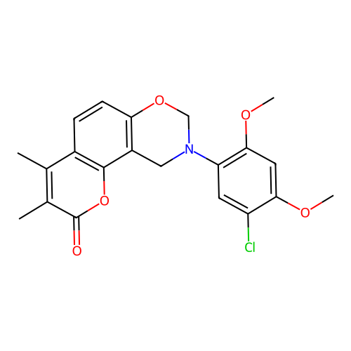9-(5-chloro-2,4-dimethoxyphenyl)-3,4-dimethyl-9,10-dihydrochromeno[8,7-e][1,3]oxazin-2(8H)-one structure