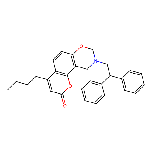 4-butyl-9-(2,2-diphenylethyl)-9,10-dihydrochromeno[8,7-e][1,3]oxazin-2(8H)-one structure