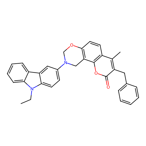 3-benzyl-9-(9-ethyl-9H-carbazol-3-yl)-4-methyl-9,10-dihydrochromeno[8,7-e][1,3]oxazin-2(8H)-one structure
