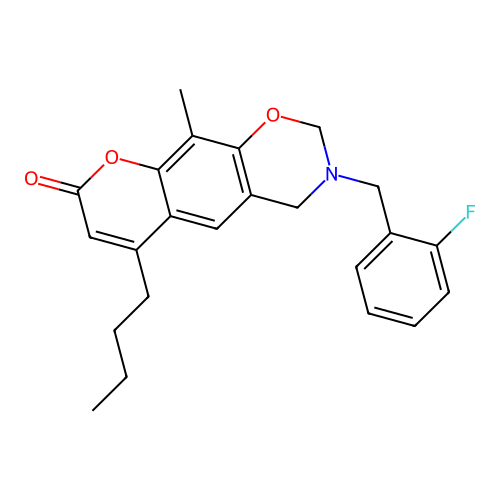 6-butyl-3-(2-fluorobenzyl)-10-methyl-3,4-dihydrochromeno[6,7-e][1,3]oxazin-8(2H)-one structure