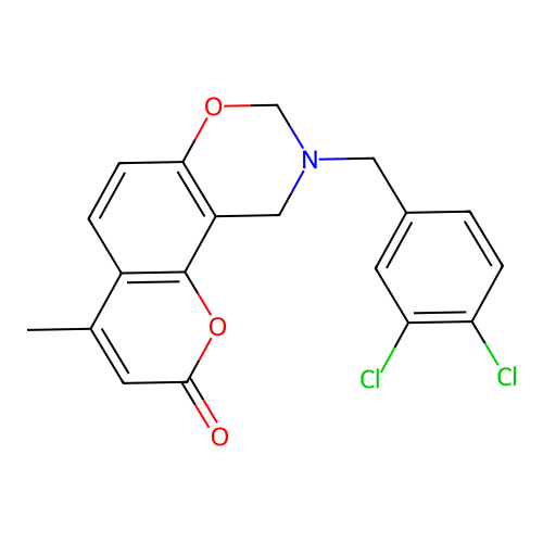 9-(3,4-dichlorobenzyl)-4-methyl-9,10-dihydrochromeno[8,7-e][1,3]oxazin-2(8H)-one structure