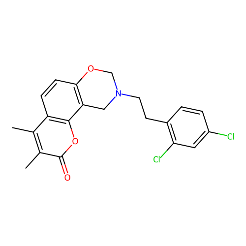 9-(2,4-dichlorophenethyl)-3,4-dimethyl-9,10-dihydrochromeno[8,7-e][1,3]oxazin-2(8H)-one structure