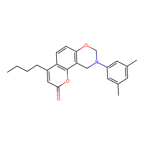 4-butyl-9-(3,5-dimethylphenyl)-9,10-dihydrochromeno[8,7-e][1,3]oxazin-2(8H)-one structure