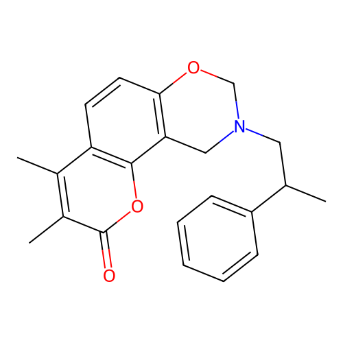 3,4-dimethyl-9-(2-phenylpropyl)-9,10-dihydrochromeno[8,7-e][1,3]oxazin-2(8H)-one structure