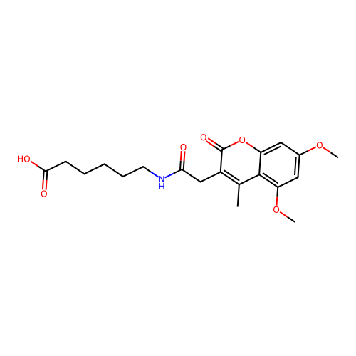 6-{[(5,7-dimethoxy-4-methyl-2-oxo-2H-chromen-3-yl)acetyl]amino}hexanoic acid structure