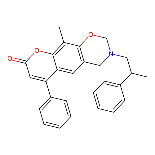 10-methyl-6-phenyl-3-(2-phenylpropyl)-3,4-dihydrochromeno[6,7-e][1,3]oxazin-8(2H)-one structure