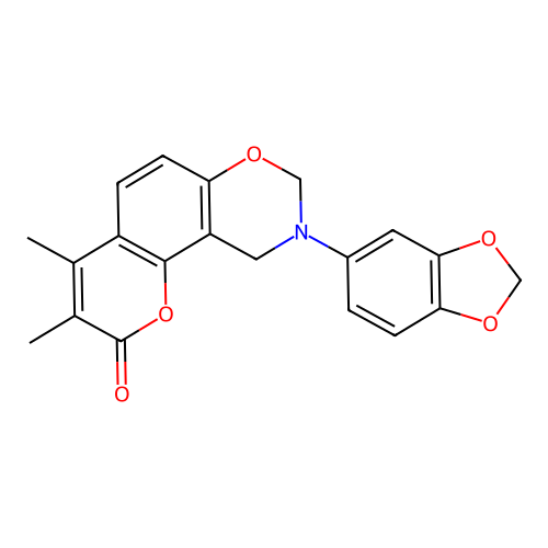9-(benzo[d][1,3]dioxol-5-yl)-3,4-dimethyl-9,10-dihydrochromeno[8,7-e][1,3]oxazin-2(8H)-one structure