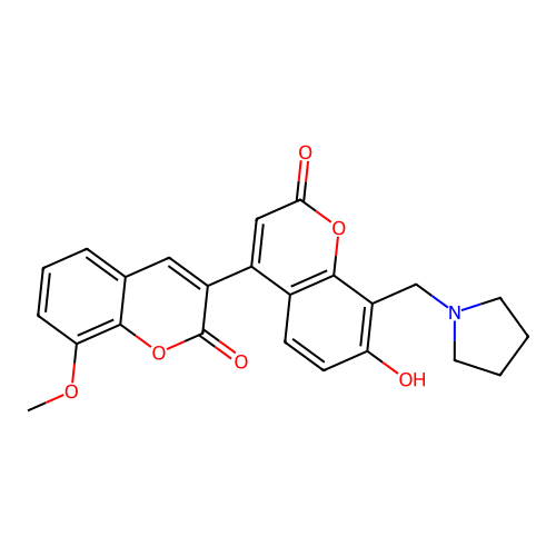 7'-hydroxy-8-methoxy-8'-(pyrrolidin-1-ylmethyl)-2H,2'H-[3,4'-bichromene]-2,2'-dione structure