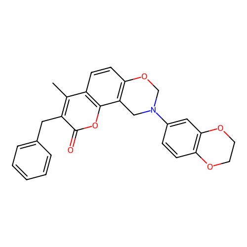 3-benzyl-9-(2,3-dihydrobenzo[b][1,4]dioxin-6-yl)-4-methyl-9,10-dihydrochromeno[8,7-e][1,3]oxazin-2(8H)-one structure