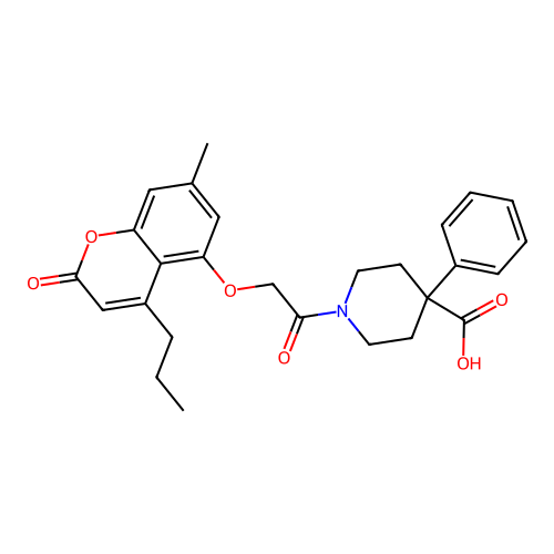 1-(2-((7-methyl-2-oxo-4-propyl-2H-chromen-5-yl)oxy)acetyl)-4-phenylpiperidine-4-carboxylic acid structure