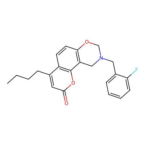 4-butyl-9-(2-fluorobenzyl)-9,10-dihydrochromeno[8,7-e][1,3]oxazin-2(8H)-one structure
