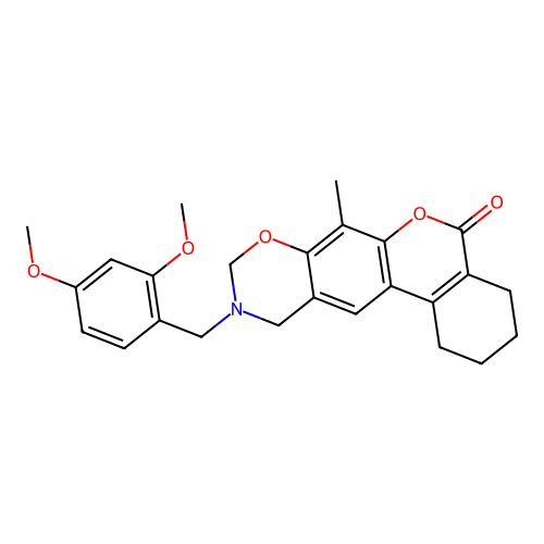 10-(2,4-dimethoxybenzyl)-7-methyl-1,2,3,4,10,11-hexahydrobenzo[3,4]chromeno[6,7-e][1,3]oxazin-5(9H)-one structure
