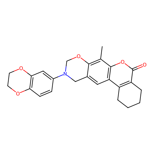 10-(2,3-dihydrobenzo[b][1,4]dioxin-6-yl)-7-methyl-1,2,3,4,10,11-hexahydrobenzo[3,4]chromeno[6,7-e][1,3]oxazin-5(9H)-one structure