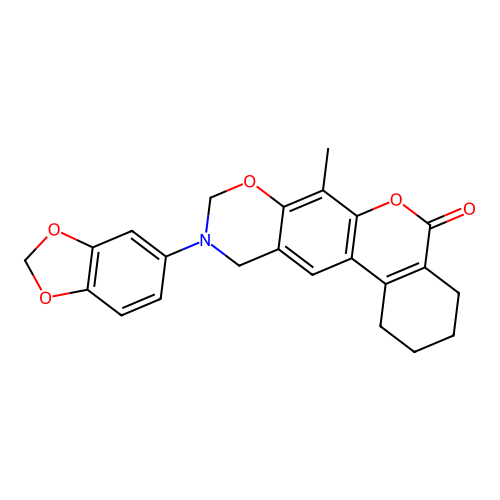 10-(benzo[d][1,3]dioxol-5-yl)-7-methyl-1,2,3,4,10,11-hexahydrobenzo[3,4]chromeno[6,7-e][1,3]oxazin-5(9H)-one structure