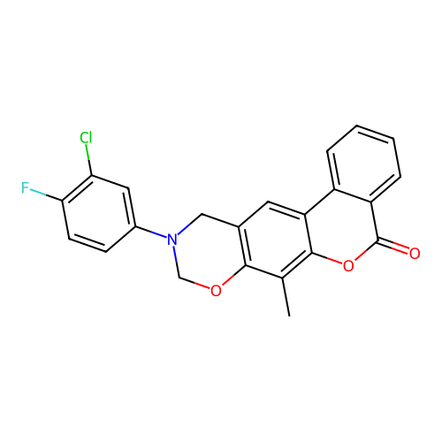 10-(3-chloro-4-fluorophenyl)-7-methyl-10,11-dihydrobenzo[3,4]chromeno[6,7-e][1,3]oxazin-5(9H)-one structure