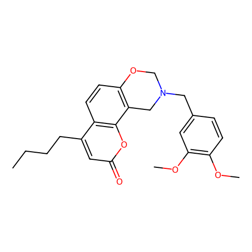 4-butyl-9-(3,4-dimethoxybenzyl)-9,10-dihydrochromeno[8,7-e][1,3]oxazin-2(8H)-one structure