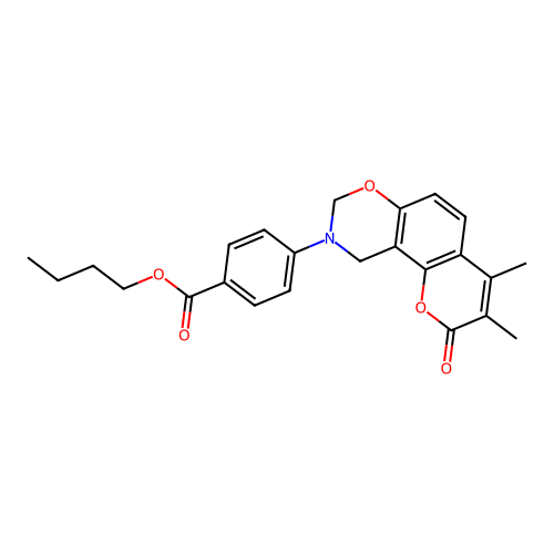 butyl 4-(3,4-dimethyl-2-oxochromeno[8,7-e][1,3]oxazin-9(2H,8H,10H)-yl)benzoate structure