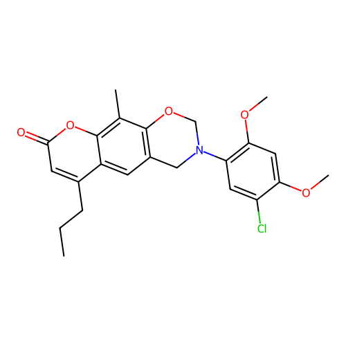 3-(5-chloro-2,4-dimethoxyphenyl)-10-methyl-6-propyl-3,4-dihydrochromeno[6,7-e][1,3]oxazin-8(2H)-one structure