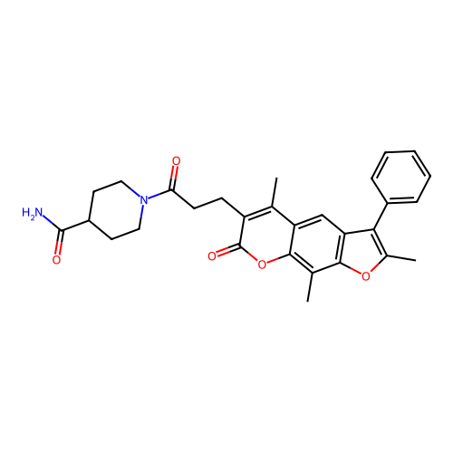 1-(3-(2,5,9-trimethyl-7-oxo-3-phenyl-7H-furo[3,2-g]chromen-6-yl)propanoyl)piperidine-4-carboxamide structure