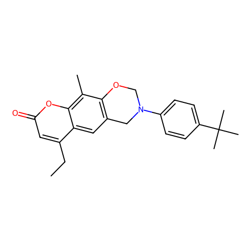 3-(4-(tert-butyl)phenyl)-6-ethyl-10-methyl-3,4-dihydrochromeno[6,7-e][1,3]oxazin-8(2H)-one structure