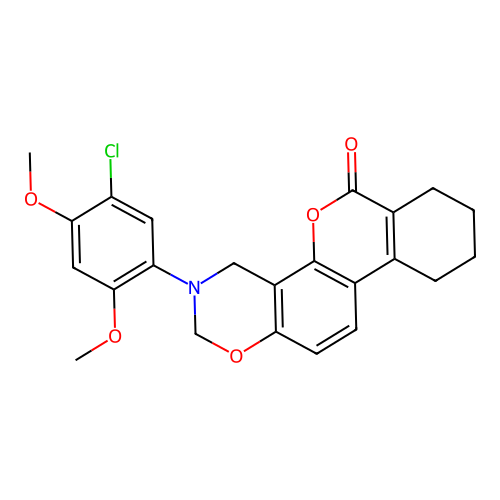 3-(5-chloro-2,4-dimethoxyphenyl)-3,4,7,8,9,10-hexahydrobenzo[3,4]chromeno[8,7-e][1,3]oxazin-6(2H)-one structure
