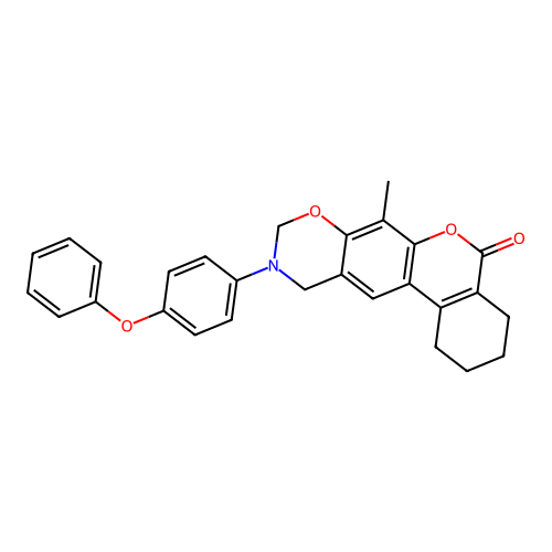 7-methyl-10-(4-phenoxyphenyl)-1,2,3,4,10,11-hexahydrobenzo[3,4]chromeno[6,7-e][1,3]oxazin-5(9H)-one structure