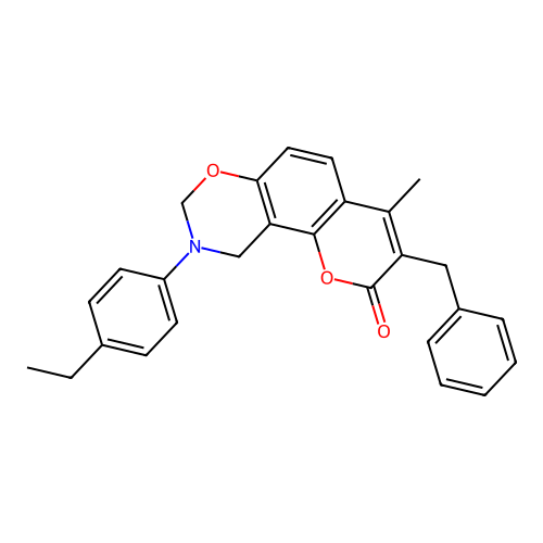 3-benzyl-9-(4-ethylphenyl)-4-methyl-8,10-dihydropyrano[2,3-f][1,3]benzoxazin-2-one structure