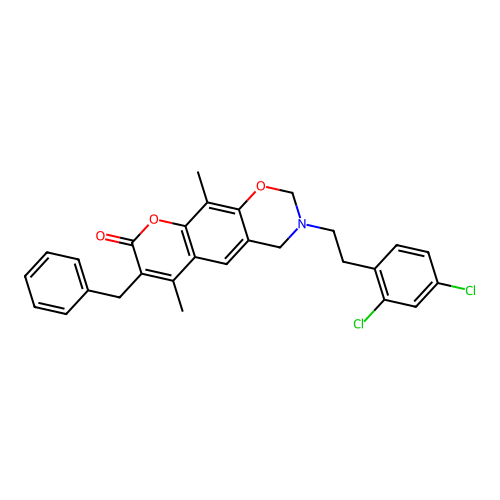 7-benzyl-3-(2,4-dichlorophenethyl)-6,10-dimethyl-3,4-dihydrochromeno[6,7-e][1,3]oxazin-8(2H)-one structure