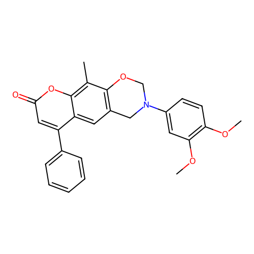 3-(3,4-dimethoxyphenyl)-10-methyl-6-phenyl-3,4-dihydrochromeno[6,7-e][1,3]oxazin-8(2H)-one structure