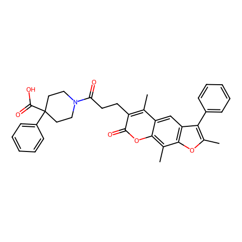 4-phenyl-1-(3-(2,5,9-trimethyl-7-oxo-3-phenyl-7H-furo[3,2-g]chromen-6-yl)propanoyl)piperidine-4-carboxylic acid structure