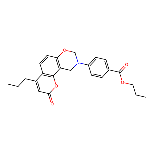 propyl 4-(2-oxo-4-propylchromeno[8,7-e][1,3]oxazin-9(2H,8H,10H)-yl)benzoate structure