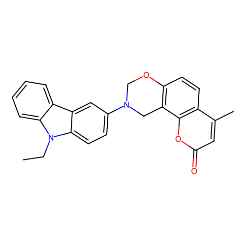 9-(9-ethyl-9H-carbazol-3-yl)-4-methyl-9,10-dihydrochromeno[8,7-e][1,3]oxazin-2(8H)-one structure