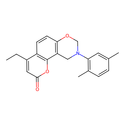 9-(2,5-dimethylphenyl)-4-ethyl-9,10-dihydrochromeno[8,7-e][1,3]oxazin-2(8H)-one structure
