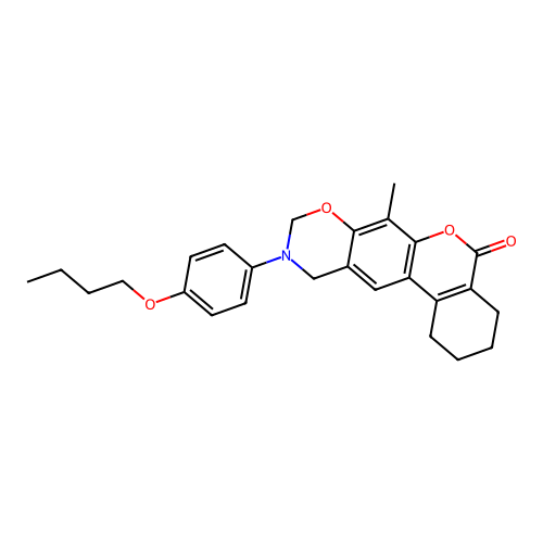 10-(4-butoxyphenyl)-7-methyl-1,2,3,4,10,11-hexahydrobenzo[3,4]chromeno[6,7-e][1,3]oxazin-5(9H)-one structure