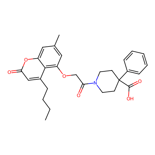 1-(2-((4-butyl-7-methyl-2-oxo-2H-chromen-5-yl)oxy)acetyl)-4-phenylpiperidine-4-carboxylic acid structure