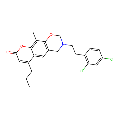 3-(2,4-dichlorophenethyl)-10-methyl-6-propyl-3,4-dihydrochromeno[6,7-e][1,3]oxazin-8(2H)-one structure