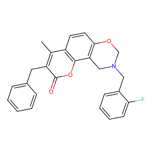 3-benzyl-9-(2-fluorobenzyl)-4-methyl-9,10-dihydrochromeno[8,7-e][1,3]oxazin-2(8H)-one structure