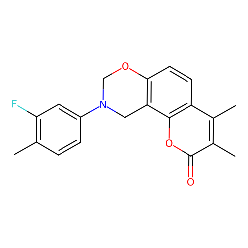 9-(3-fluoro-4-methylphenyl)-3,4-dimethyl-9,10-dihydrochromeno[8,7-e][1,3]oxazin-2(8H)-one structure