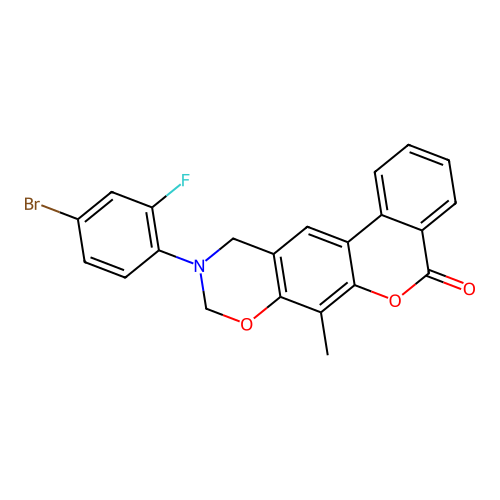 10-(4-bromo-2-fluorophenyl)-7-methyl-10,11-dihydrobenzo[3,4]chromeno[6,7-e][1,3]oxazin-5(9H)-one structure
