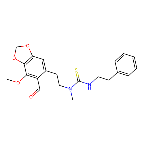 1-(2-(6-formyl-7-methoxybenzo[d][1,3]dioxol-5-yl)ethyl)-1-methyl-3-phenethylthiourea structure