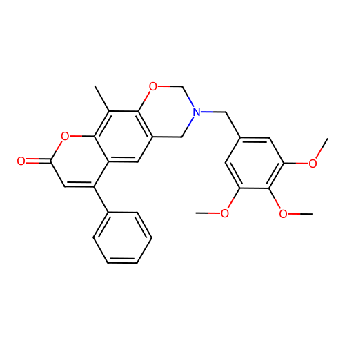 10-methyl-6-phenyl-3-(3,4,5-trimethoxybenzyl)-3,4-dihydrochromeno[6,7-e][1,3]oxazin-8(2H)-one structure