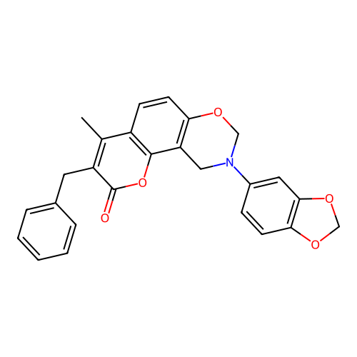 9-(benzo[d][1,3]dioxol-5-yl)-3-benzyl-4-methyl-9,10-dihydrochromeno[8,7-e][1,3]oxazin-2(8H)-one structure