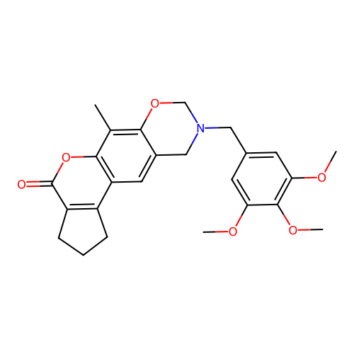 6-methyl-9-(3,4,5-trimethoxybenzyl)-2,3,9,10-tetrahydro-1H-cyclopenta[3,4]chromeno[6,7-e][1,3]oxazin-4(8H)-one structure