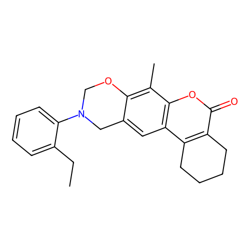 10-(2-ethylphenyl)-7-methyl-1,2,3,4,10,11-hexahydrobenzo[3,4]chromeno[6,7-e][1,3]oxazin-5(9H)-one structure