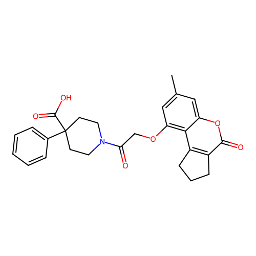 1-(2-((7-methyl-4-oxo-1,2,3,4-tetrahydrocyclopenta[c]chromen-9-yl)oxy)acetyl)-4-phenylpiperidine-4-carboxylic acid structure