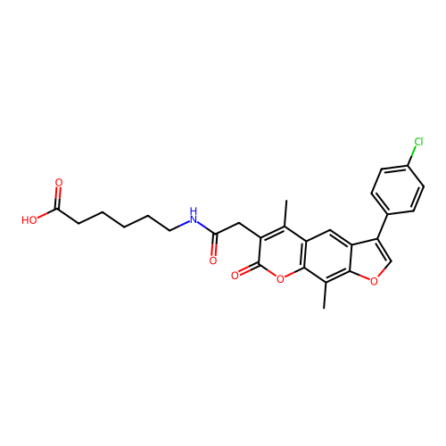 6-(2-(3-(4-chlorophenyl)-5,9-dimethyl-7-oxo-7H-furo[3,2-g]chromen-6-yl)acetamido)hexanoic acid structure